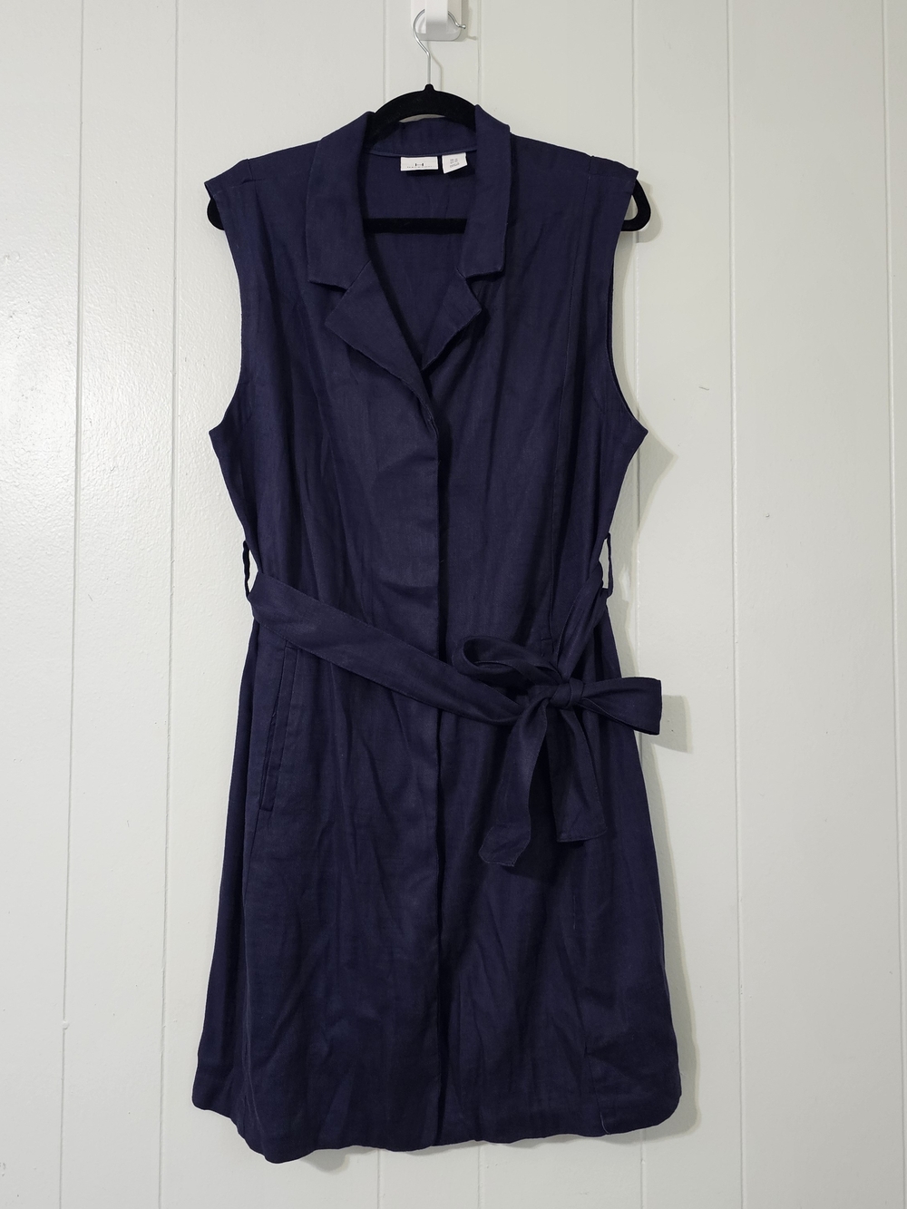 Halston Linen Blend Sleeveless Shirt Dress Navy Tie Waist Pockets Sz 16
